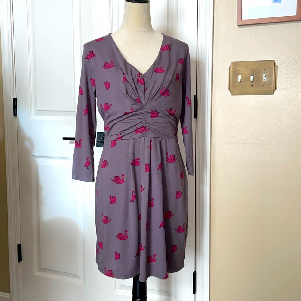 Boden Gray Mini Dress with Pink Swan Print